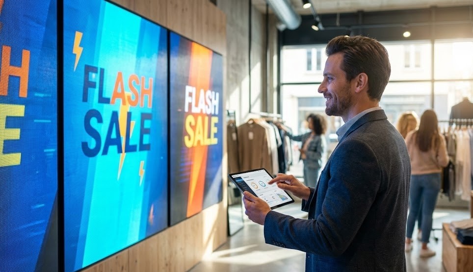 Homem de negócios com tablet controla grandes ecrãs de publicidade "FLASH SALE" numa loja de roupa moderna.
