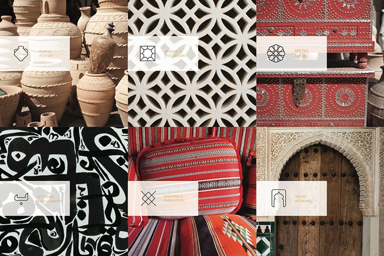 A collage of six images showcases various design elements and textures. The top row features clay pots, a white geometric pattern, and a red patterned wall with metal work. The bottom row displays a black and white abstract design, a striped cushion, and a wooden door with an arched frame. Each image is labeled with text: “LETTERING SCULPTURE”, “WEAVING & EMBROIDERY”, and “WOOD WORKING”.