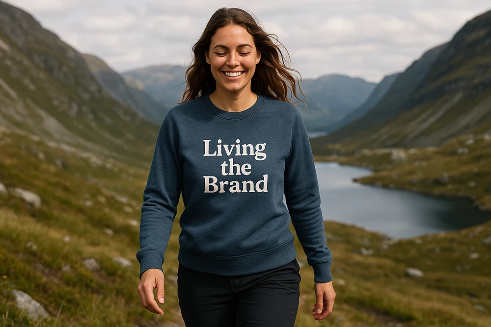 En ung kvinne med lysebrunt hår smiler mens hun går på tur i norsk fjellnatur. Hun har på seg en mørk hettegenser med teksten «Living the Brand» og olivengrønne turbukser. I bakgrunnen skimtes majestetiske fjell, et stille fjellvann og en myk, grønn sti som bukter seg gjennom landskapet. Lyset er mykt og naturlig, og hele scenen utstråler ro, energi og tilhørighet.