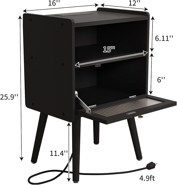 Elegant mid century modern nightstand with charging station with ample storage space and a timeless design.