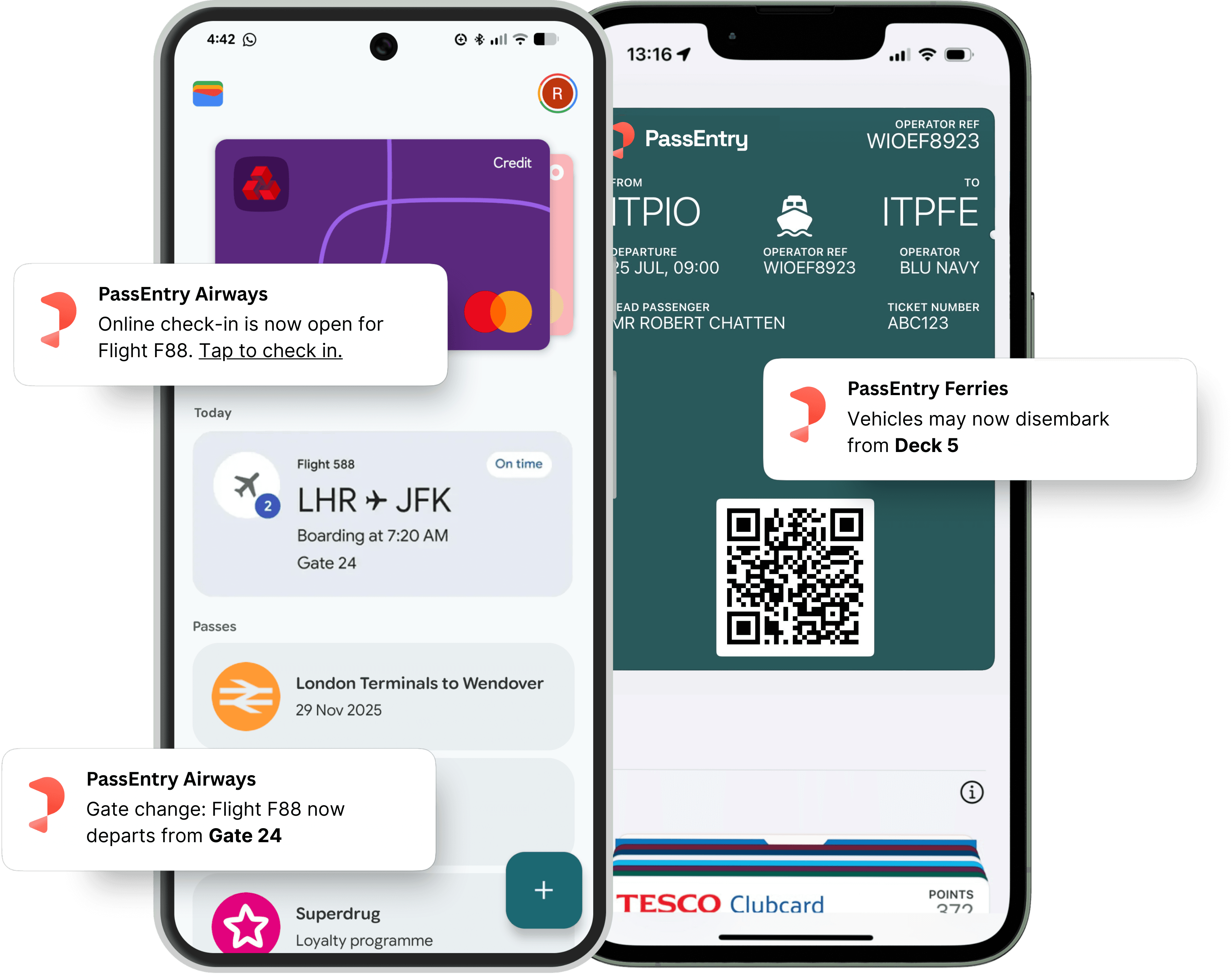 Two smartphones showing PassEntry digital tickets and passes in mobile wallets. The left screen displays airline notifications for online check-in and a gate change for a flight from LHR to JFK. The right screen shows a digital ferry boarding pass with QR code and vehicle information, along with stacked wallet passes