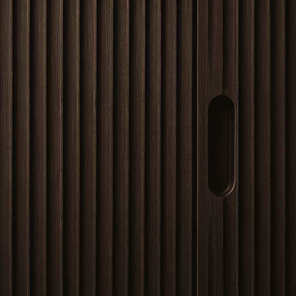 A close-up shot of a dark wood sliding wardrobe door showing the elegant vertical grooves of a fluted texture. The lighting highlights the shadows and depth of the design