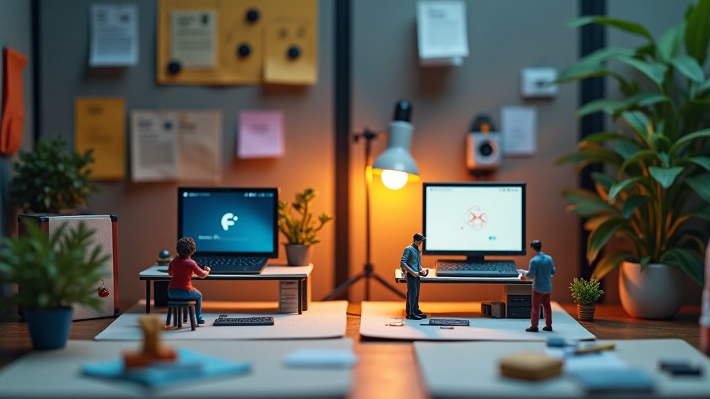 Tiny designers comparing Framer and Webflow on a miniature website build scene.
