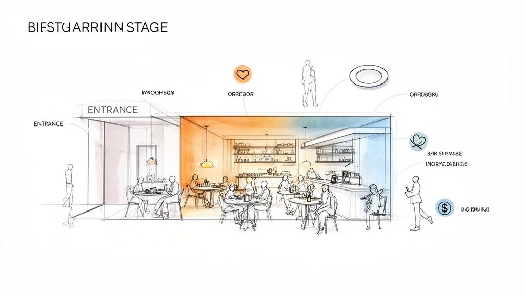 Sketch illustrating a restaurant's interior design, showing an entrance, dining area, customers, and a bar.