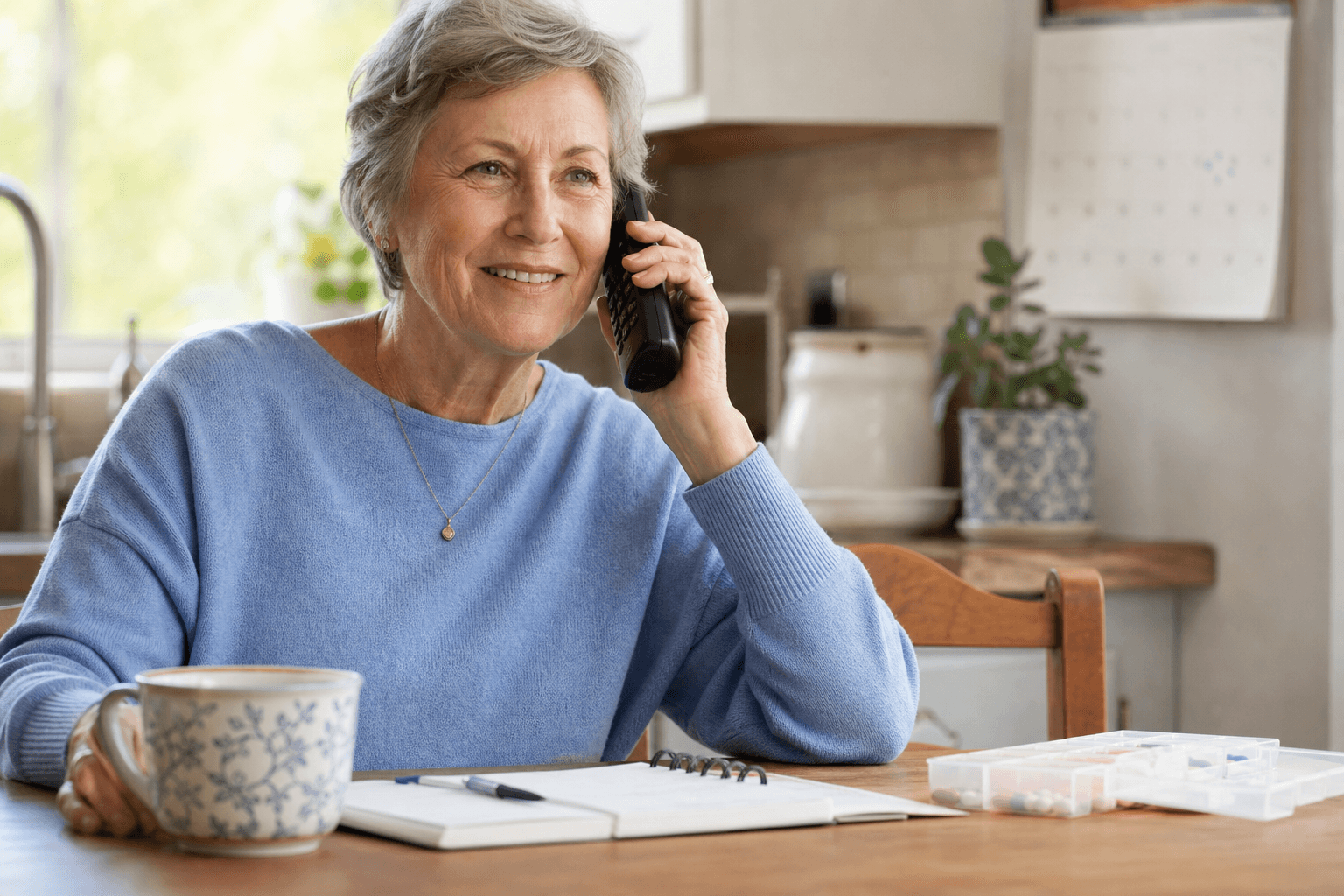 The image depicts an elderly woman sitting at a wooden table in a cozy kitchen environment. She is talking on a landline phone while holding a large ceramic mug in one hand. On the table, there is an open notebook with a pen placed on it, along with a pill organizer containing various medications. The setting suggests she is managing her daily medication routine and possibly consulting someone on the phone for health advice or assistance. The background includes domestic elements like a calendar on the wall, a plant, and kitchenware, creating a homely atmosphere.