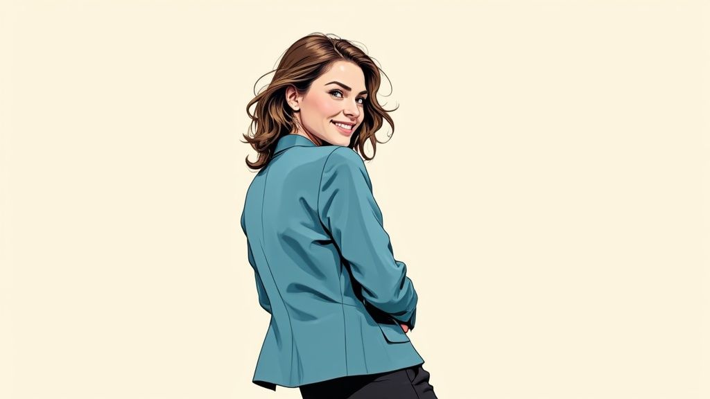 Junge Frau mit braunen Haaren im türkisen Blazer lächelt über die Schulter, stilisiertes Bewerbungsfoto.