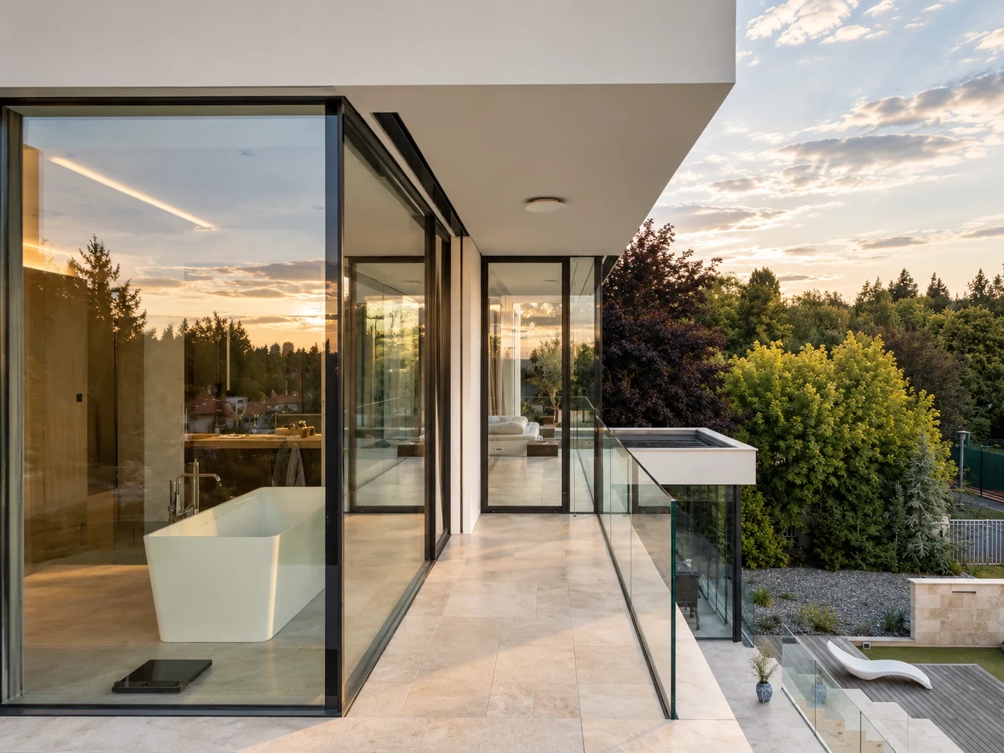 Aluminum windows and a modern terrace at sunset