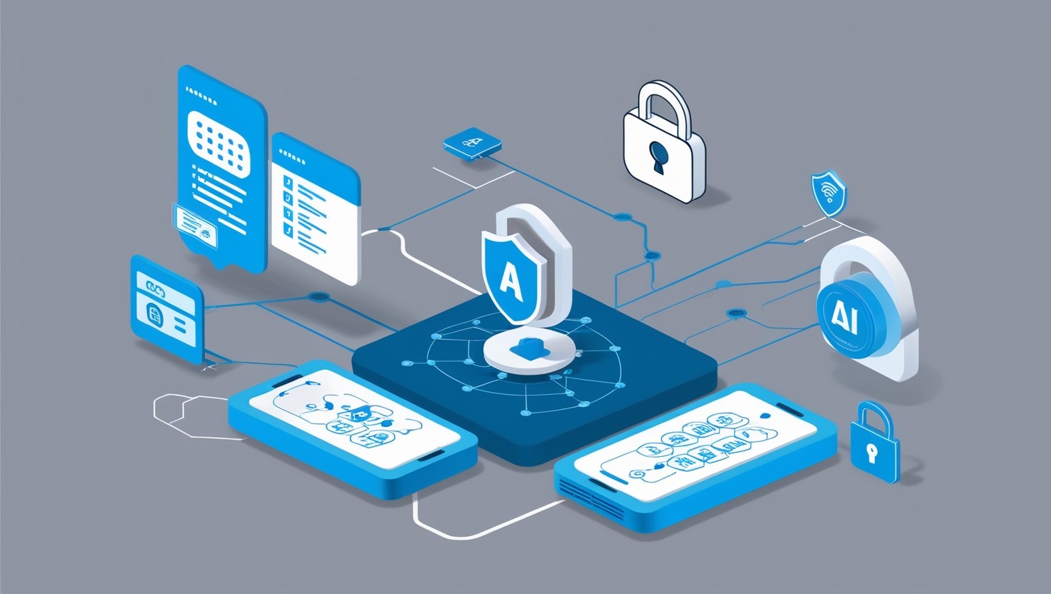 Illustration of automated cybersecurity processes with digital questionnaires and AI technology.