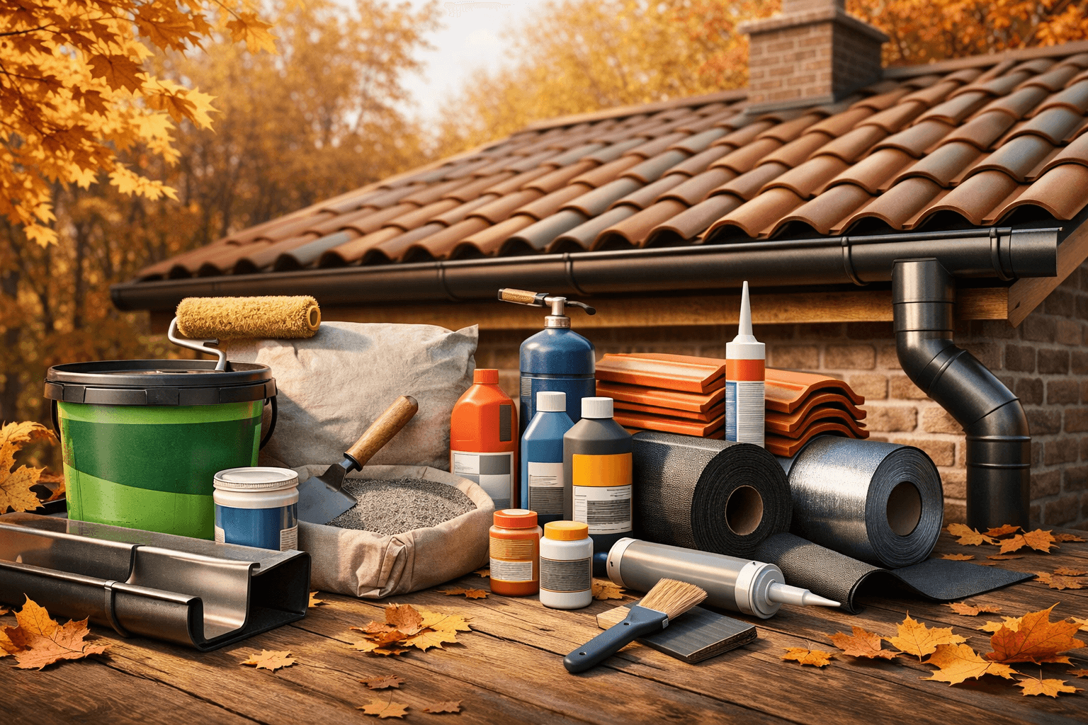 Cena em estilo 3D realista mostrando materiais de construção organizados sobre uma superfície de madeira ao ar livre no outono. Ao fundo, um telhado com telhas cerâmicas e calhas instaladas, cercado por árvores com folhas em tons alaranjados. Em primeiro plano, itens como balde de impermeabilizante, saco de argamassa, rolo de pintura, pincel, frascos de aditivos, mantas e tubos, todos bem iluminados por luz natural suave. Ambiente limpo, organizado e com paleta equilibrada entre tons neutros e detalhes em verde e azul.