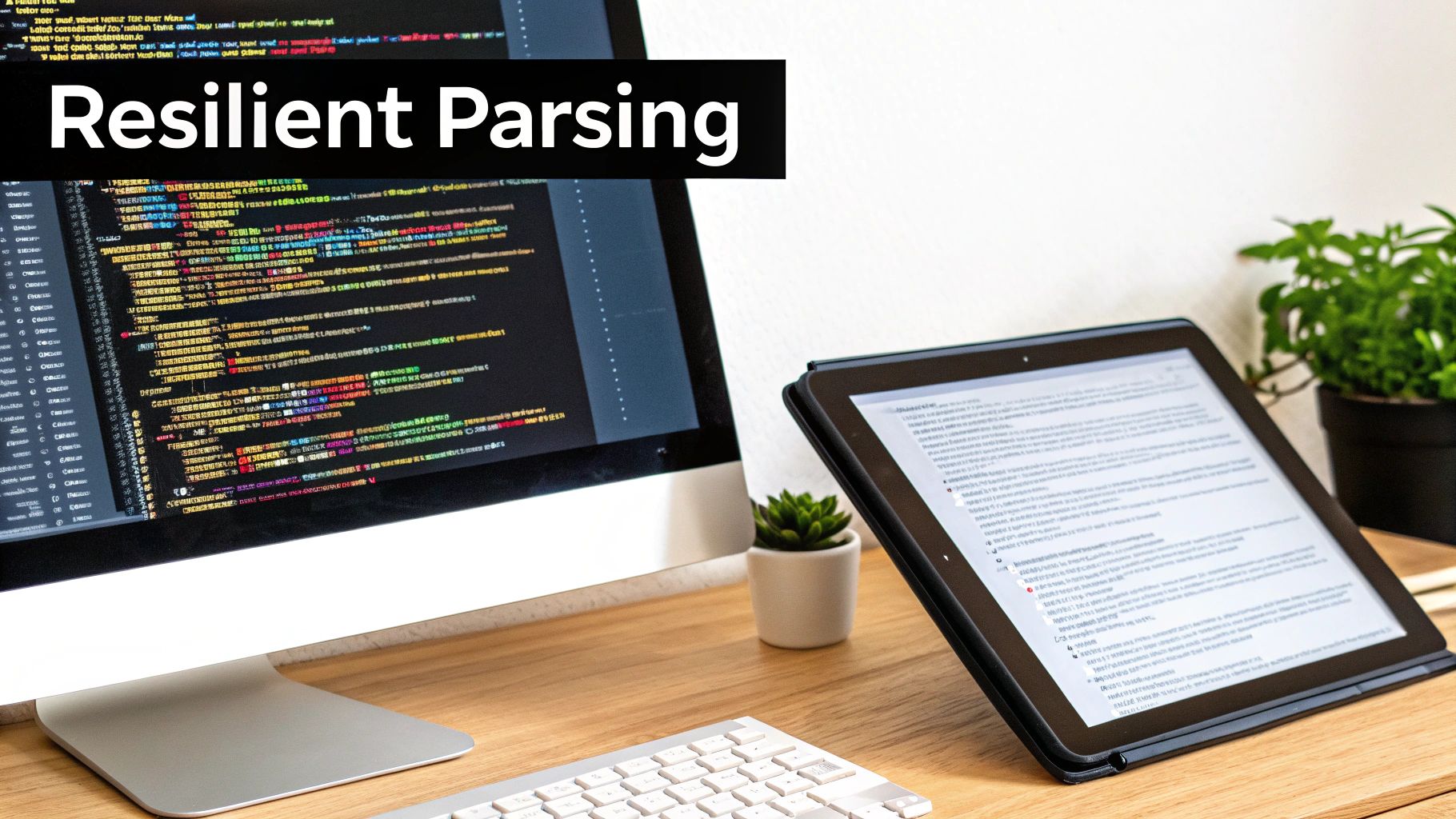 A desk setup with a computer displaying code and a 'Resilient Parsing' banner, a tablet, keyboard, and plants.
