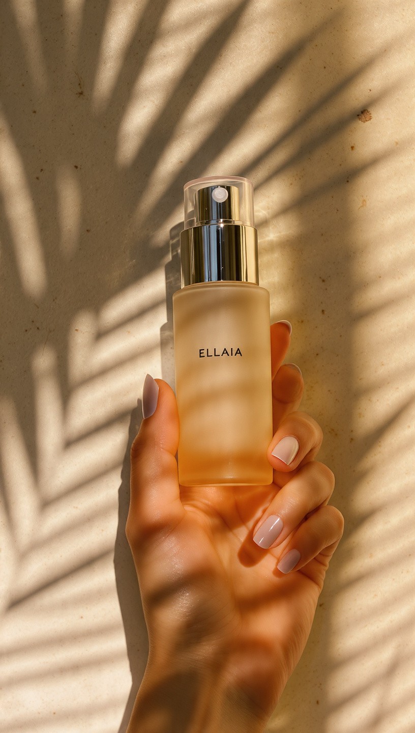 Soft-focus shot of a hand presenting an ELLAIA frosted glass bottle in a peachy-beige hue with chrome pump, illuminated by dappled sunlight through tropical leaves; warm, serene natural light emphasizes the luxurious matte finish and delicate branding.