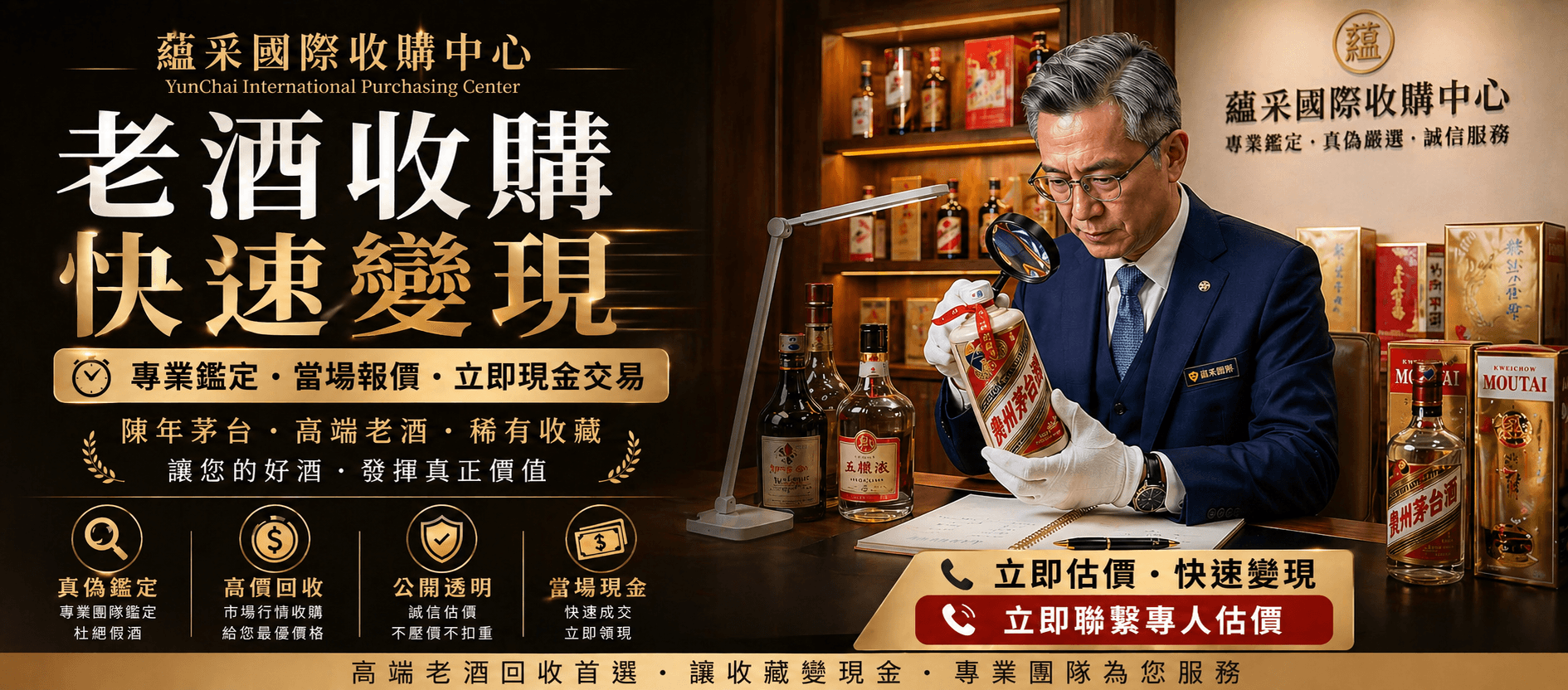 蘊采國際資深鑑定人員進行茅台老酒真偽鑑定，提供當場報價、快速變現的高級老酒收購服務。