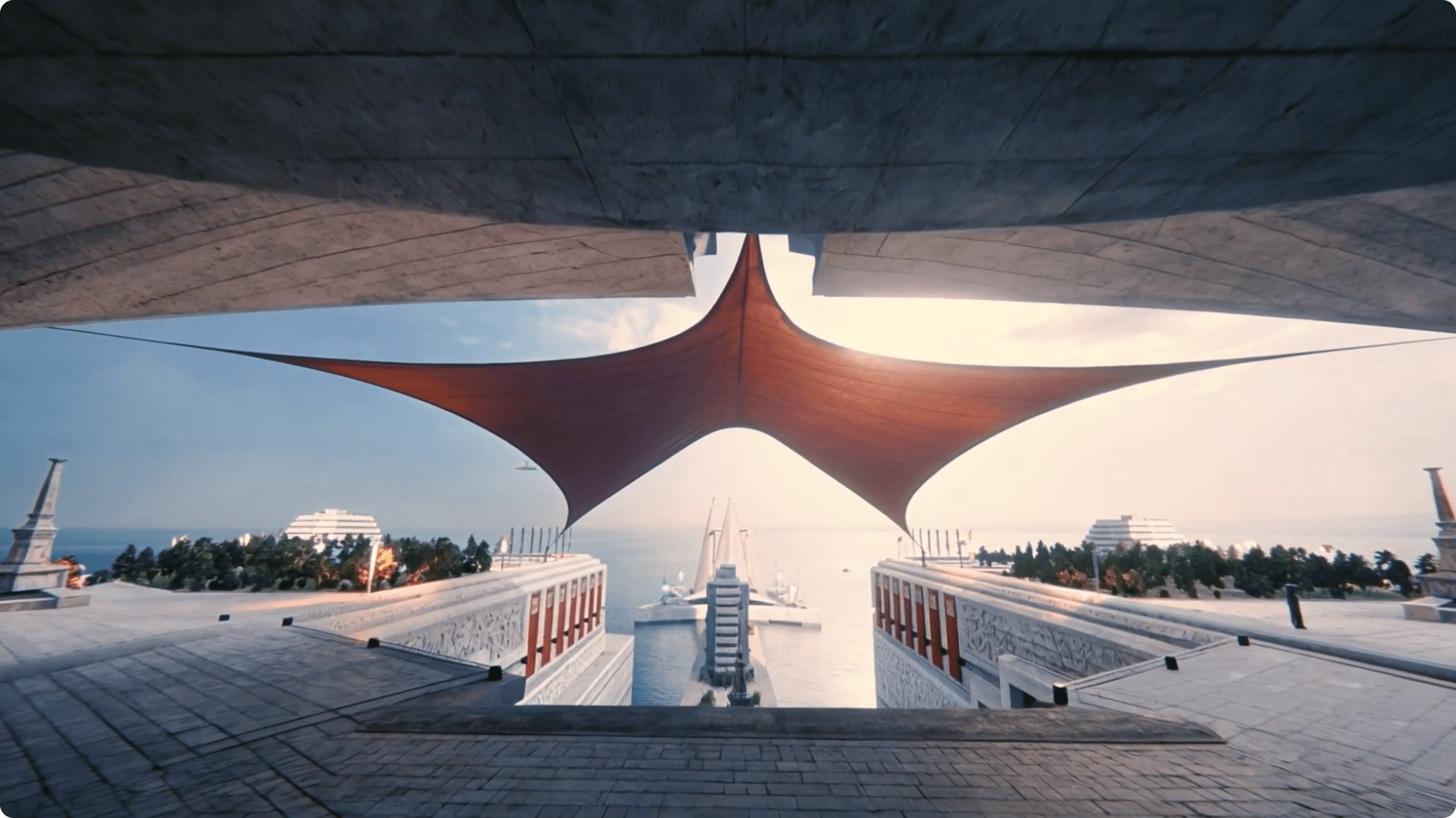 Burst architectural world with a red canopy