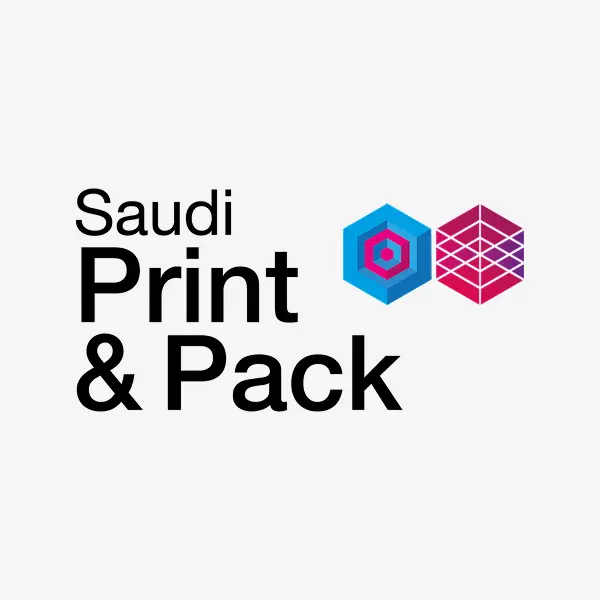 Saudi Print & Pack logo. Printing and packaging, blue and red