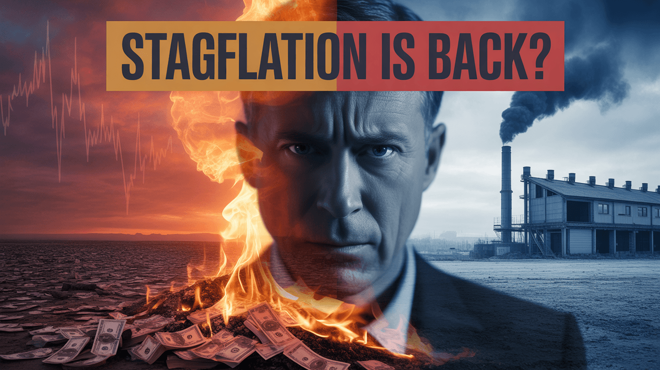 Burning money and frozen factory chart with STAGFLATION IS BACK text in a crisis split layout