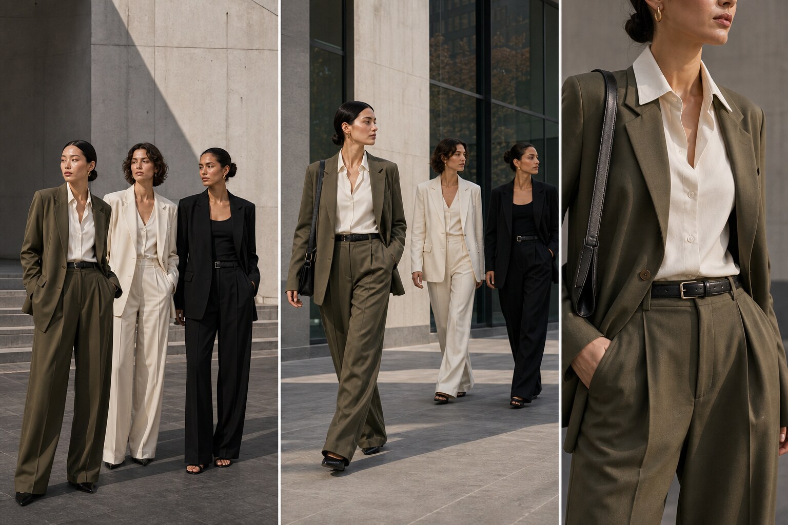 Tailored womenswear shown in a polished urban-gallery lookbook sequence.