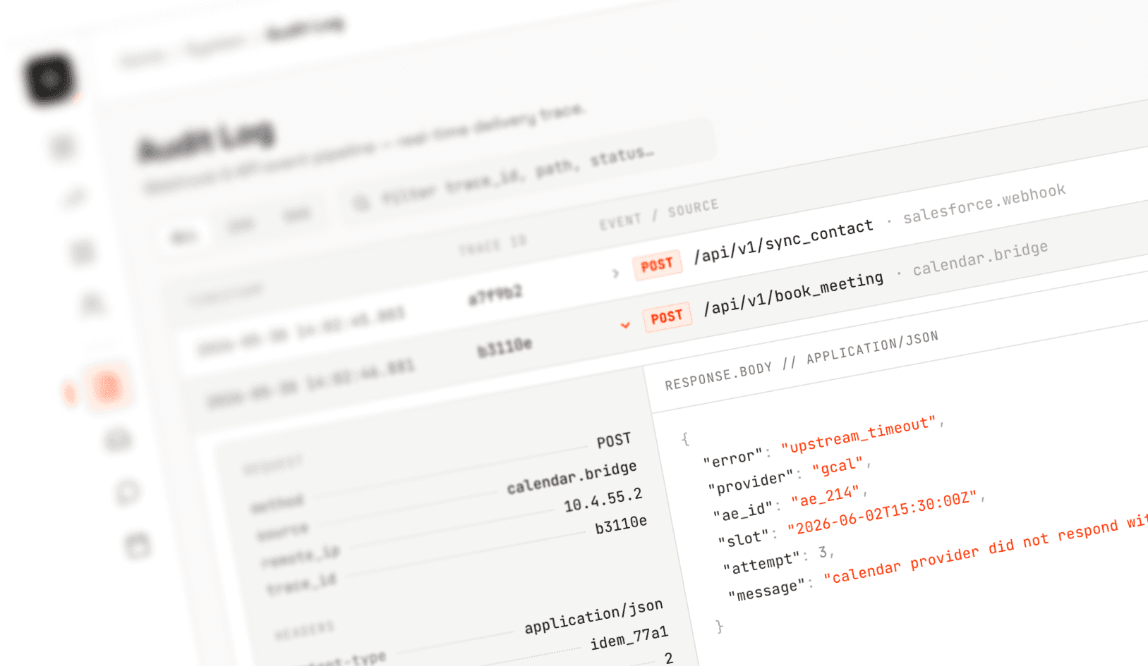 Audit log listing API calls to the contact sync and meeting booking endpoints