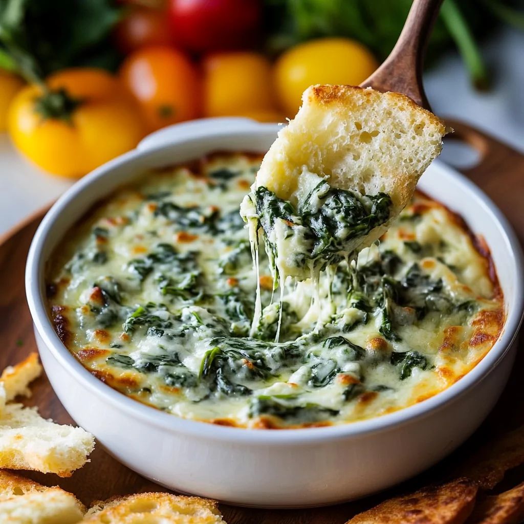 Hot Spinach and Cheese Dip from Pasta 9 Toronto made with a creamy blend of spinach and cheeses baked until bubbly.