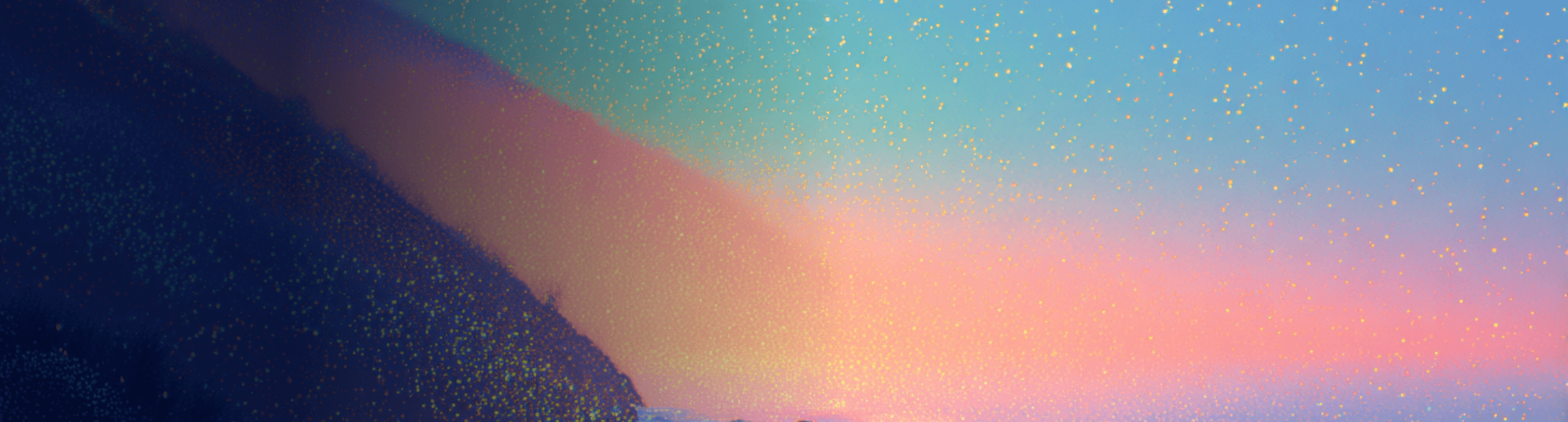 Abstract digital art with a dark blue mountain silhouette against a gradient sky of teal, pink, and purple, speckled with golden dots, serving as a hero image.