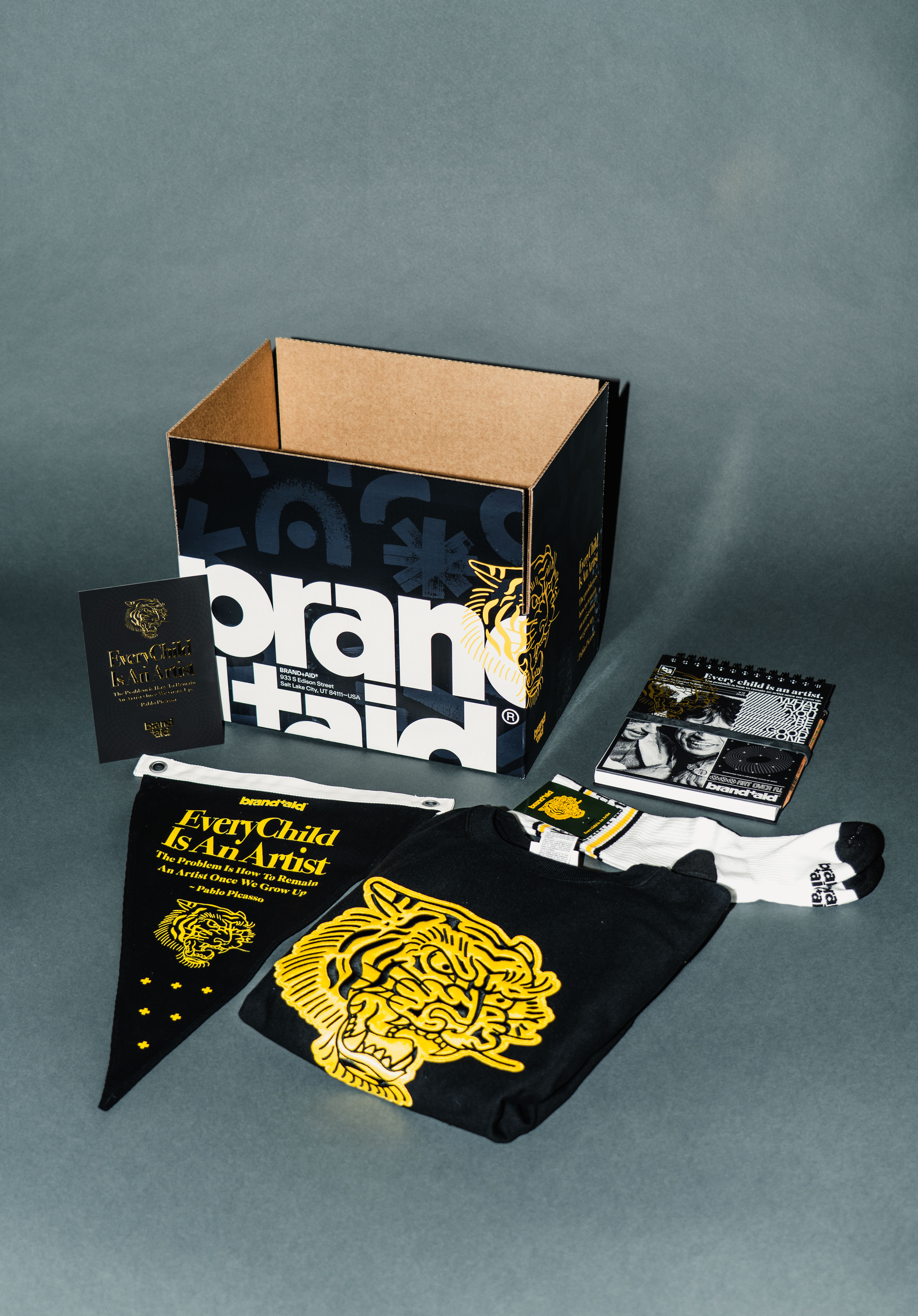 A picture of an assortment of branded goods that follow a thememe for the 2026 new year gift from brand aid. featuring a yellow tiger. In this picture is the box, the pennant, champion crewneck with yellow appliqué, socks, and sketch book, not shown is the hat that went along with this set.