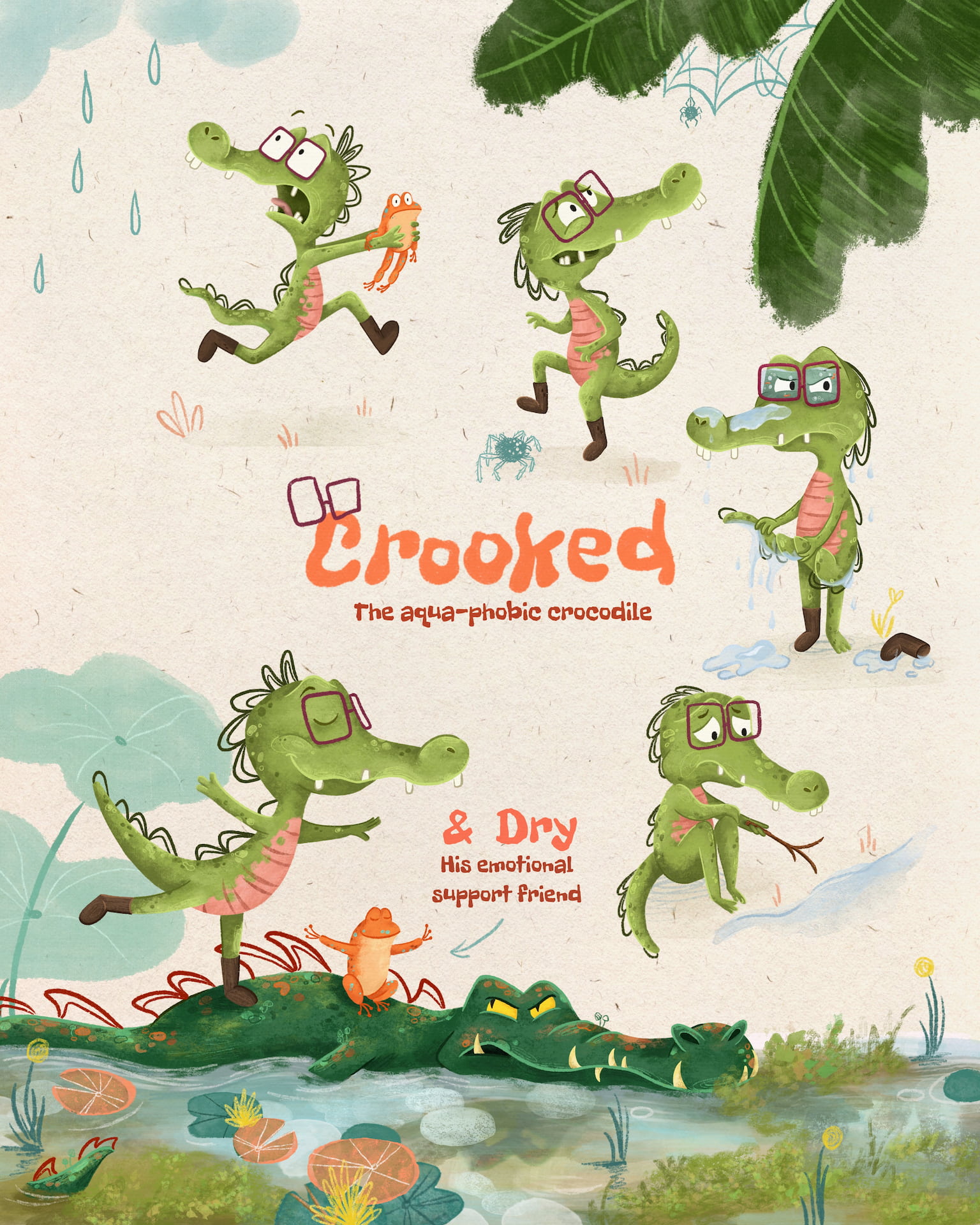 A character sheet showing multiple poses and expressions of a crocodile character, including fear, worry, happiness, and anger.