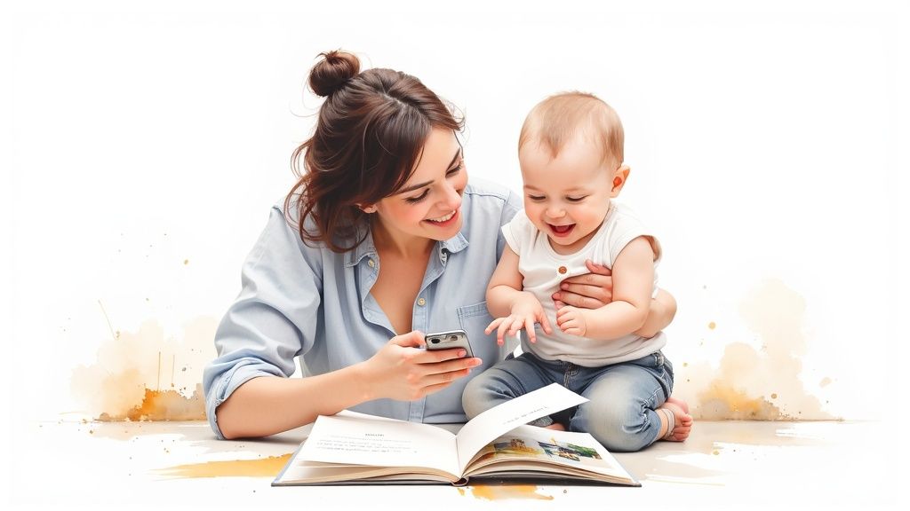 Smiling mother and baby share a joyful moment with a book and smartphone.
