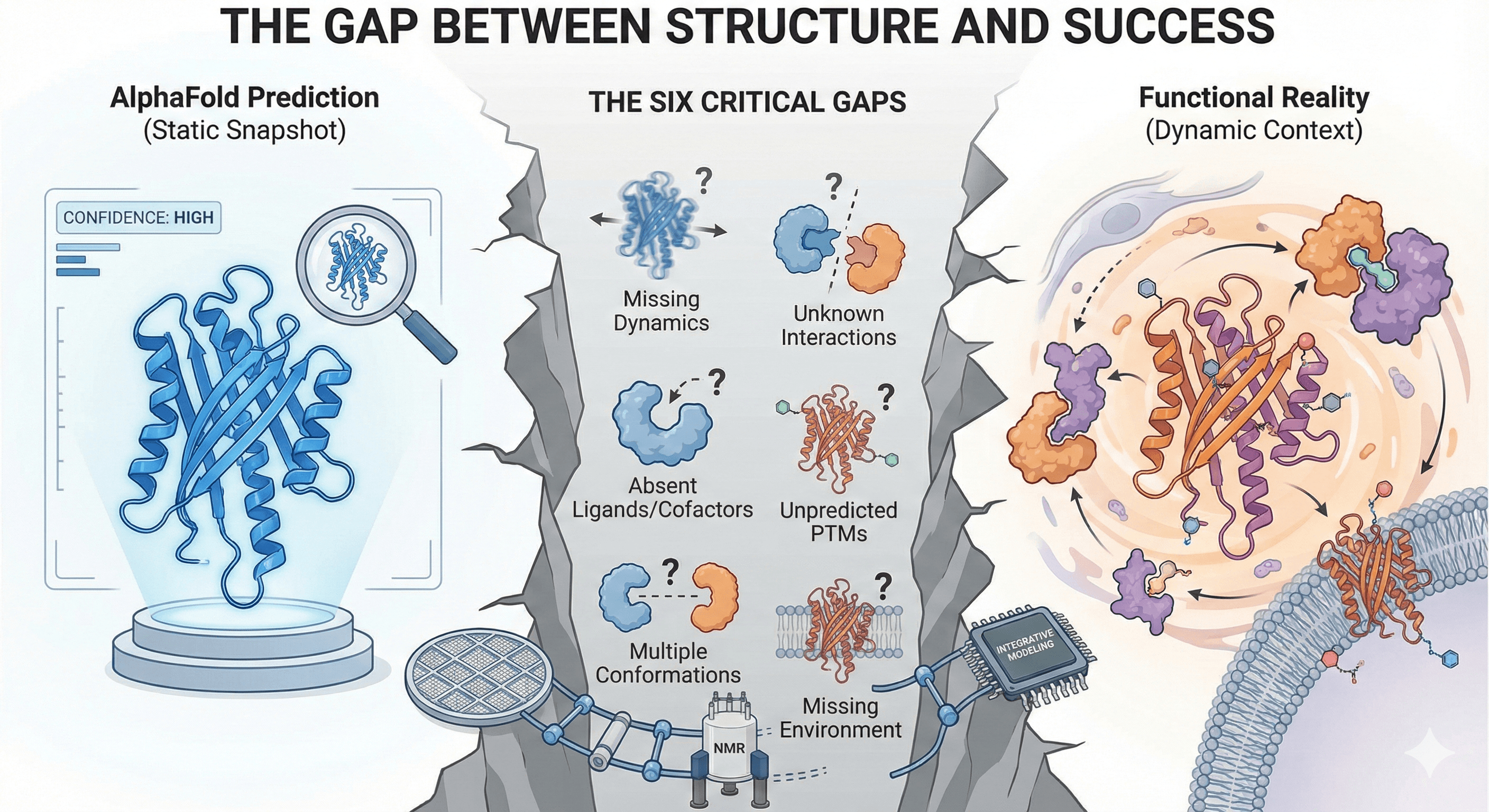Diagram Showing the Gap Between AlphaFold Structure Prediction and Functional Reality