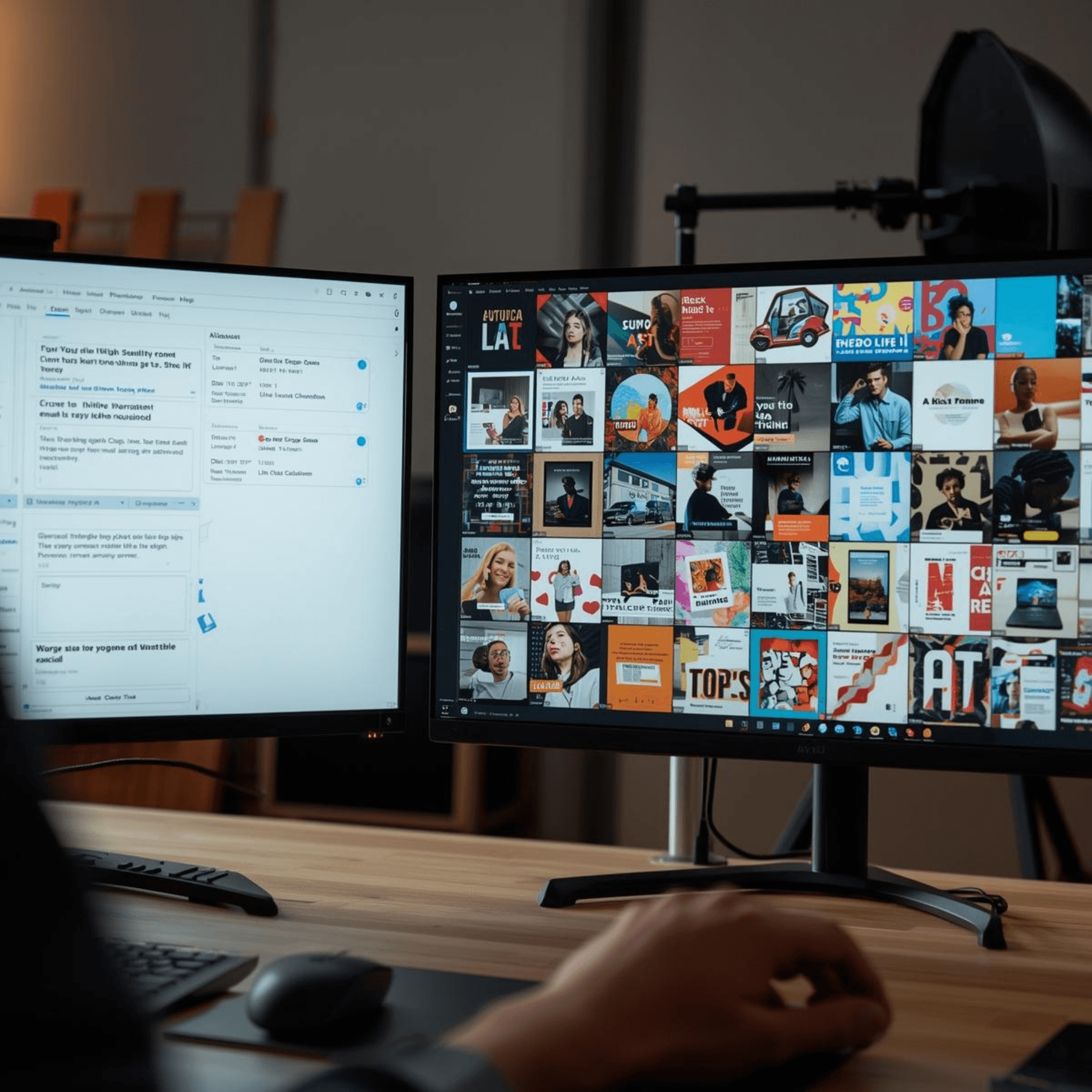 Escritorio de trabajo con doble monitor mostrando una interfaz de gestión de contenidos y una cuadrícula de imágenes generadas por IA para un proyecto de diseño digital.