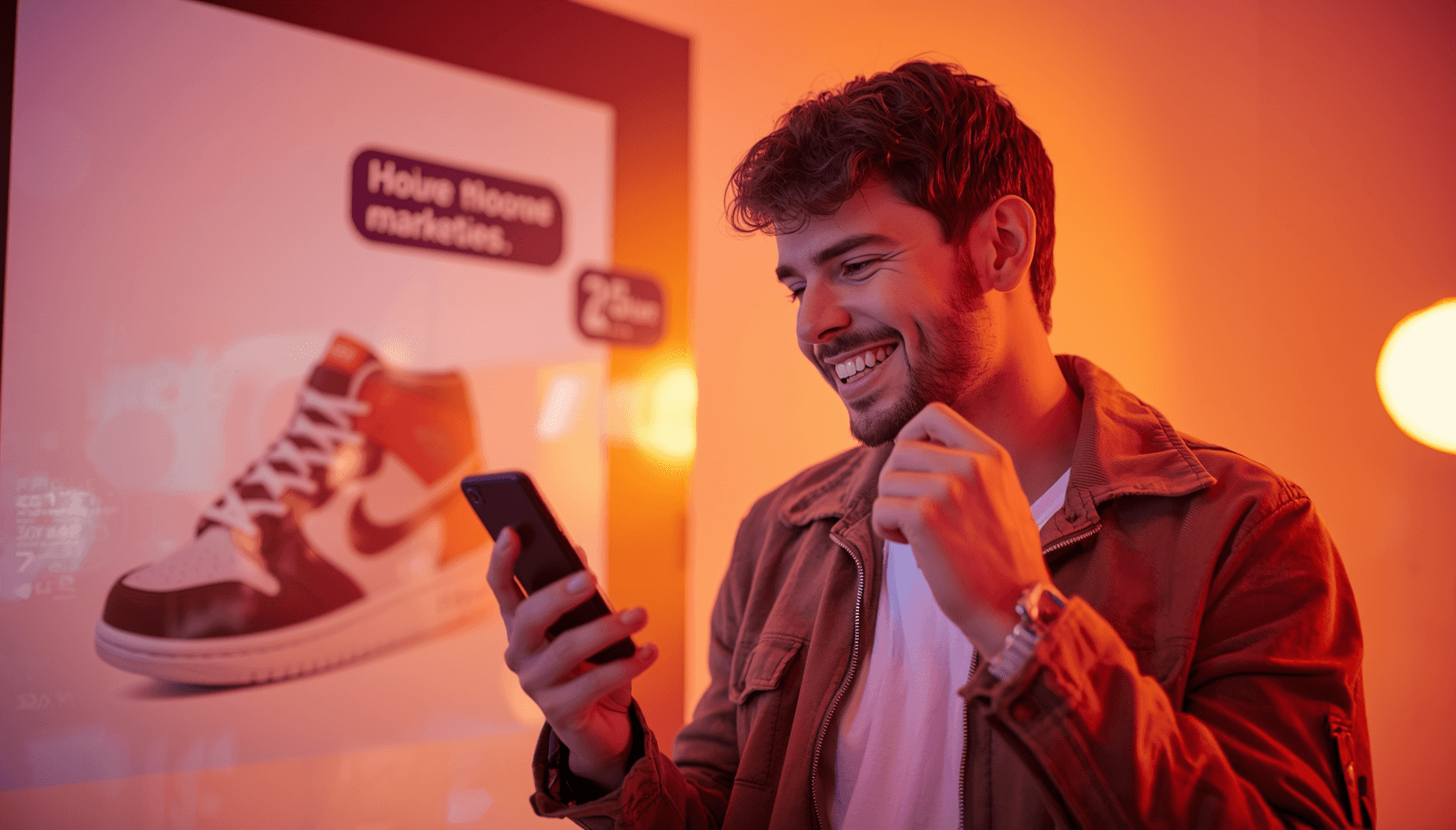Homme consultant une publicité RCS interactive pour une sneaker sur smartphone, échangeant en temps réel avec la marque dans une expérience de marketing conversationnel