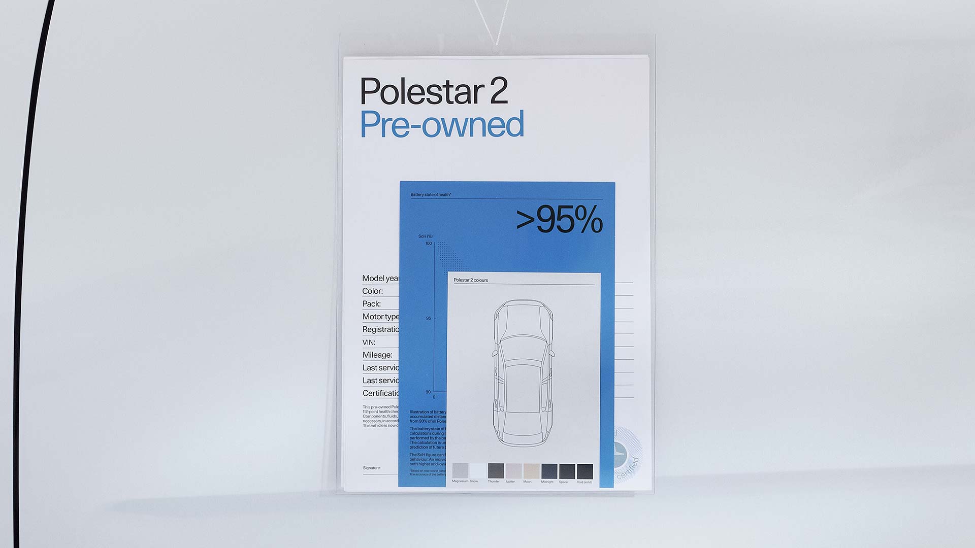 Certificat Polestar 2 Pre-Owned France affichant un état de santé de batterie (SOH) supérieur à 95 %, illustration du label certifié et de l’importation d’occasion