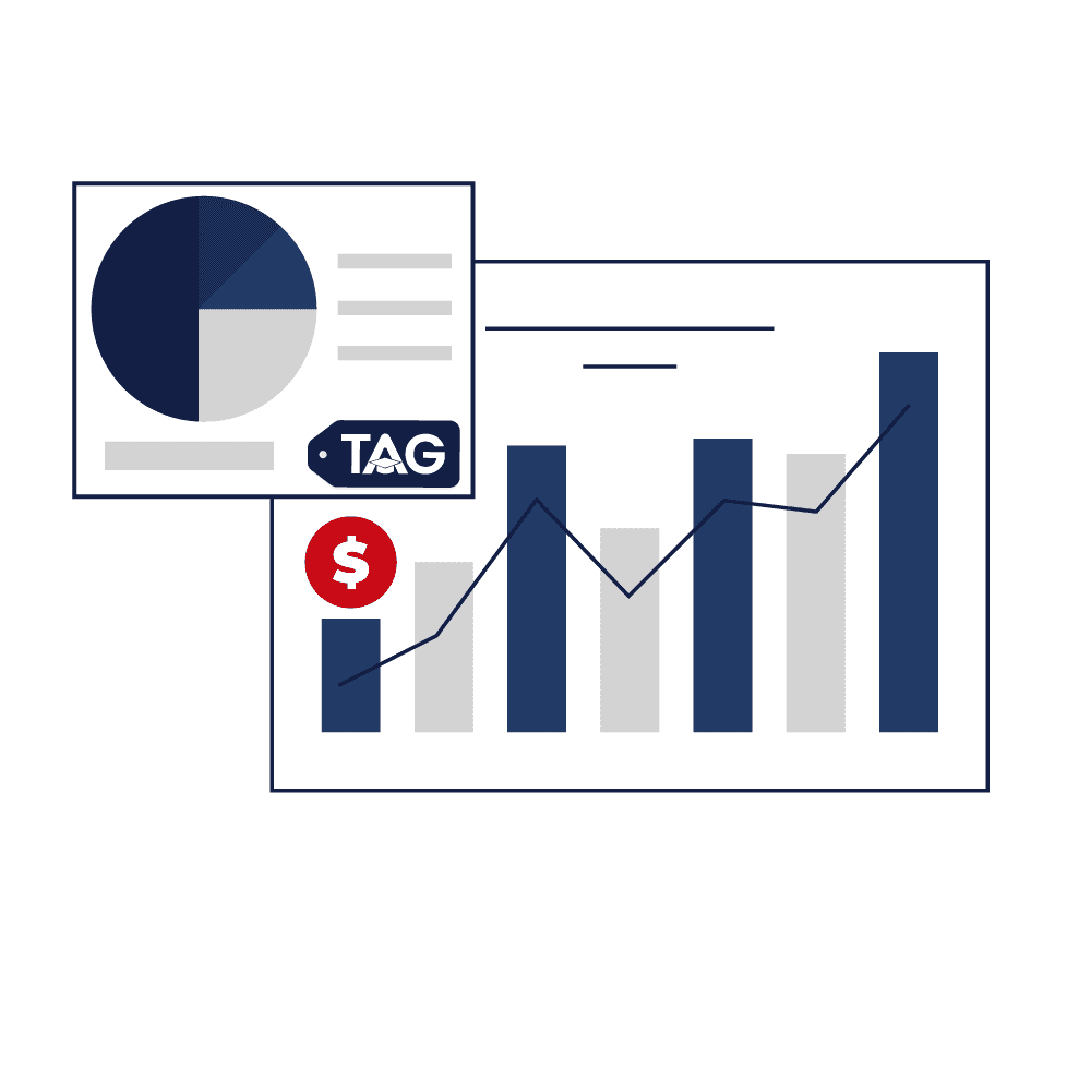 Graph showing increase in and red dollar sign