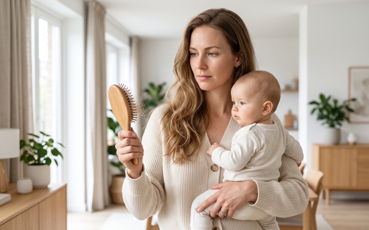 Nederlandse vrouw met haar baby bekijkt haren in een haarborstel na de bevalling, als illustratie van tijdelijk haarverlies na zwangerschap.