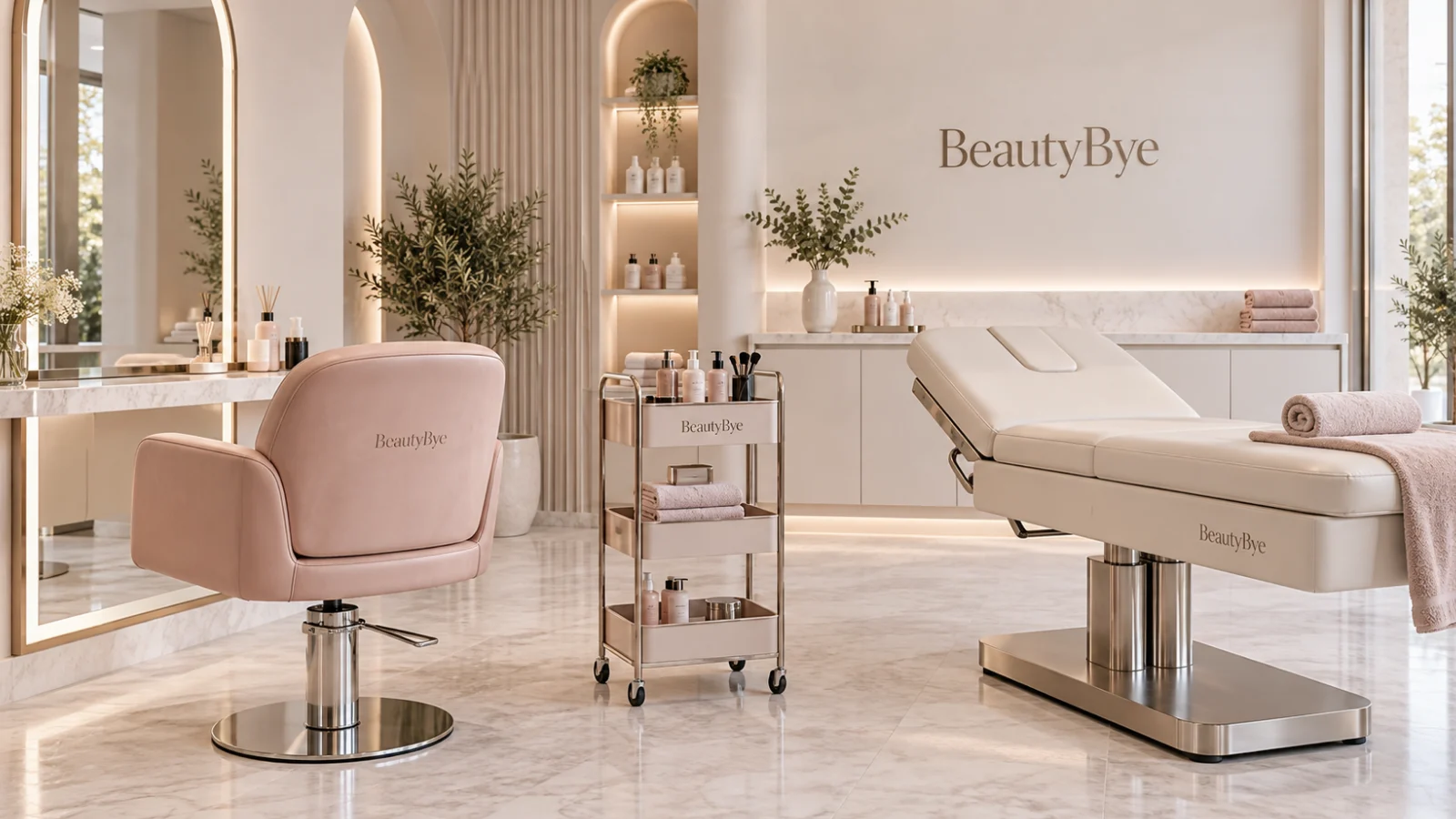 BeautyBye professional salon chair, treatment couch and trolley in a neutral salon interior