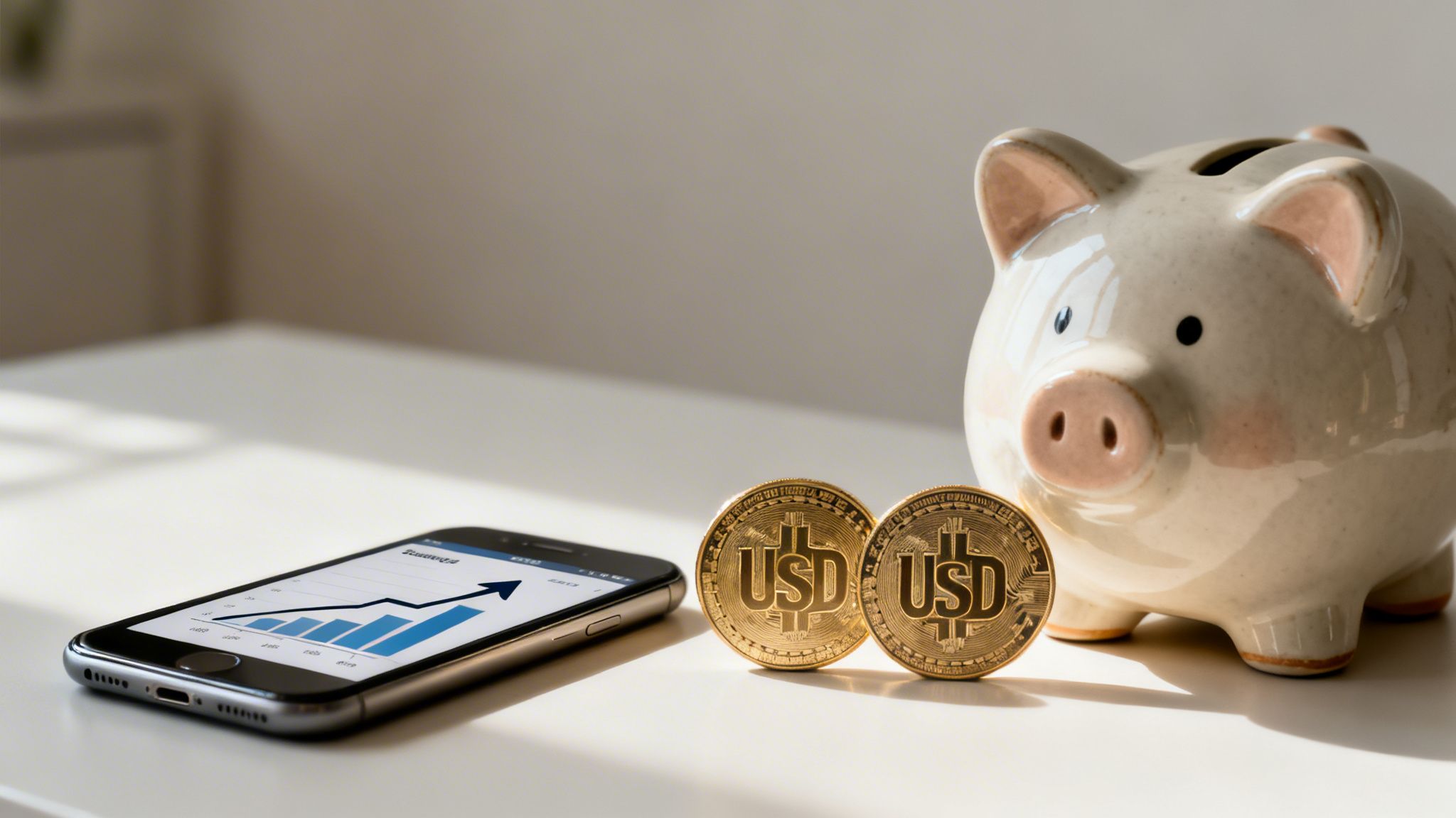 A piggy bank, two gold USD stablecoins, and a smartphone showing an upward financial chart.