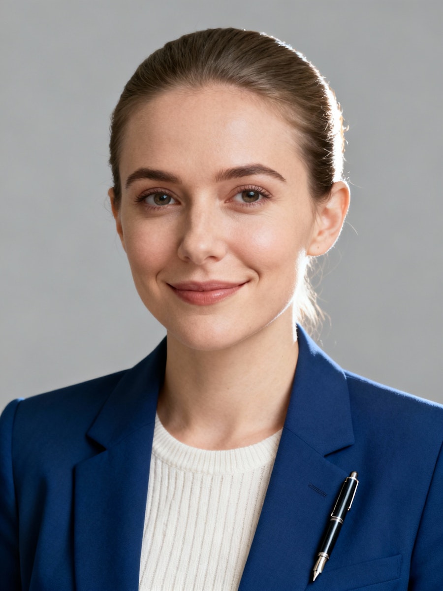 Young woman with a confident smile, wearing a blue blazer and white top. Her hair is neatly tied back. She projects a professional, approachable tone.
