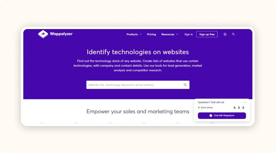 Screenshot of Wappalyzer showing the technologies used on a website.