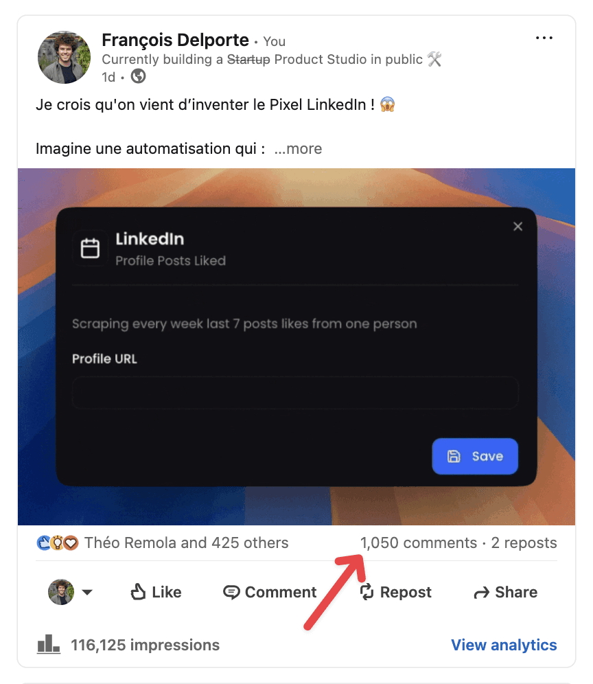 Screenshot of my LinkedIn post who get +1000 leads