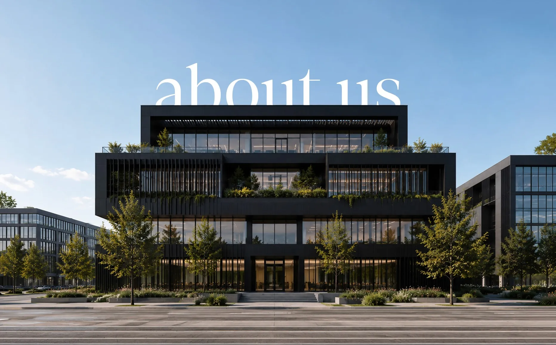 Hero image of a black building with an “about us” text