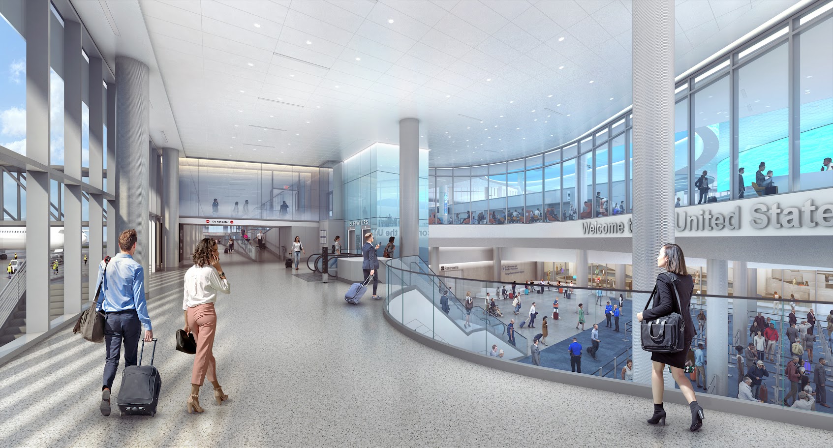 Modern terminal concourse with expansive windows, bright natural lighting, and passenger circulation areas