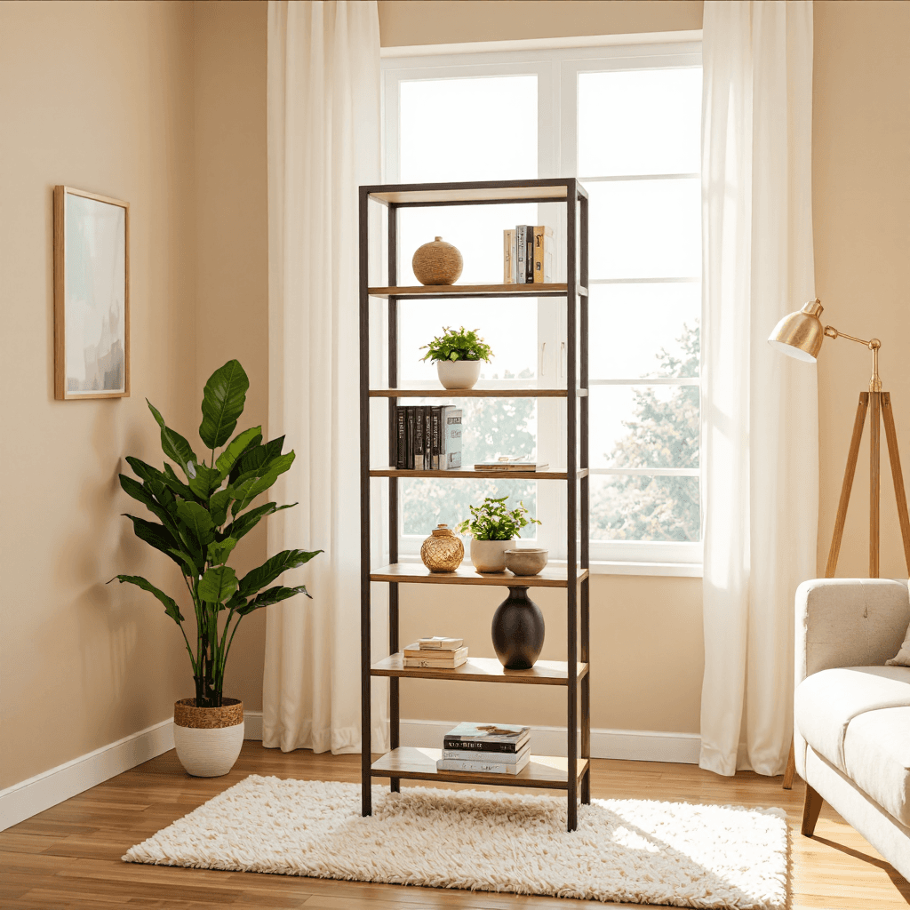 product photography of a multi-tiered bookshelf with decorative items