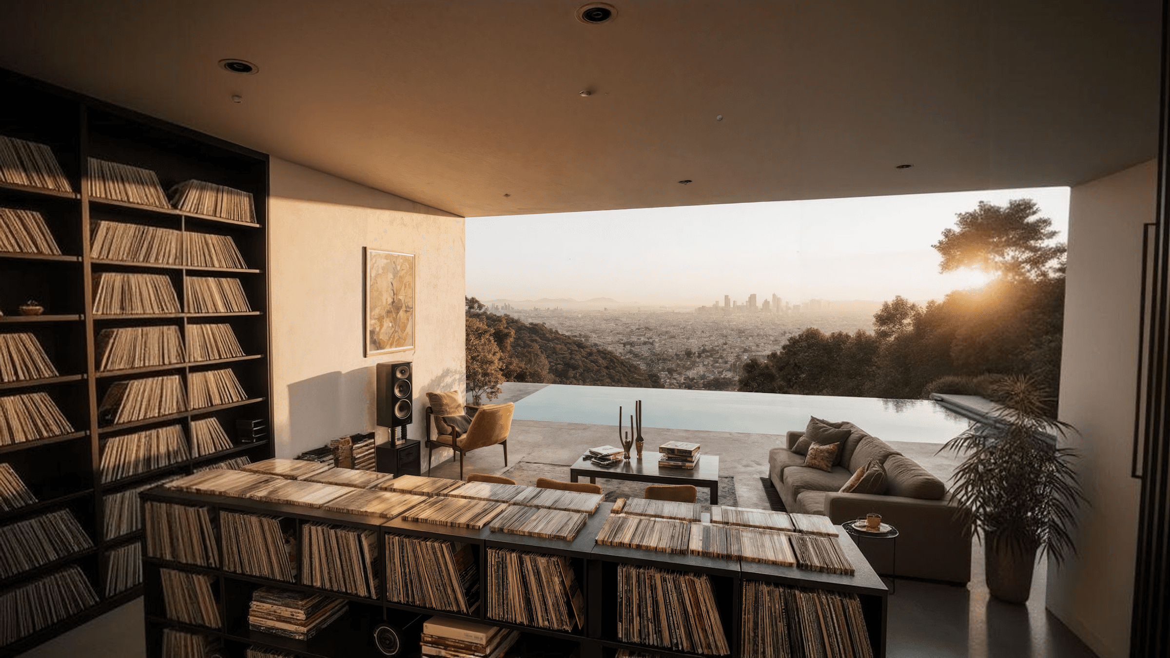 A modern dining room with a table, bookshelves, and a large window showcasing a scenic sunset view.