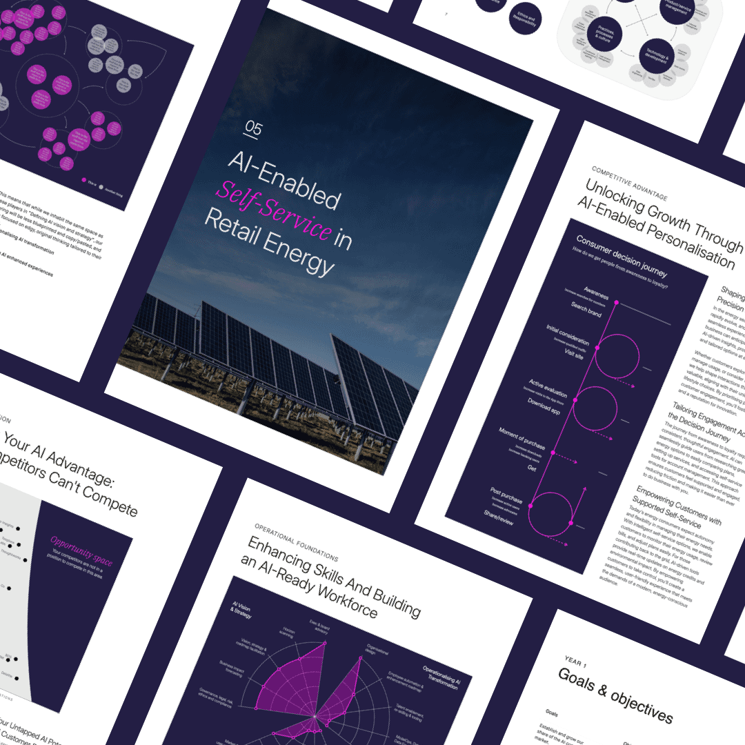 Multiple pages from a Intelligent Transformation Roadmap report dedicated to a business operating in the retail energy sector. Pages include ai-enabled self-service in retail energy, enhancing skills and building an ai-ready workforce, goals and objectives and more