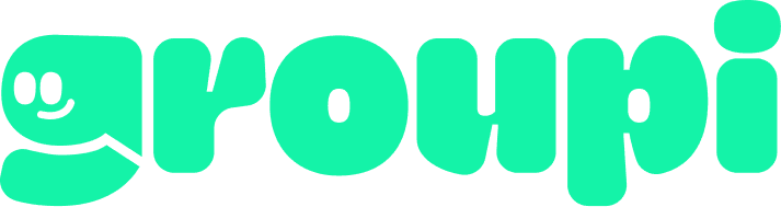 The word "groupi" in a bold, rounded teal font on a black background, with the letter 'g' styled as a smiling cartoon character.