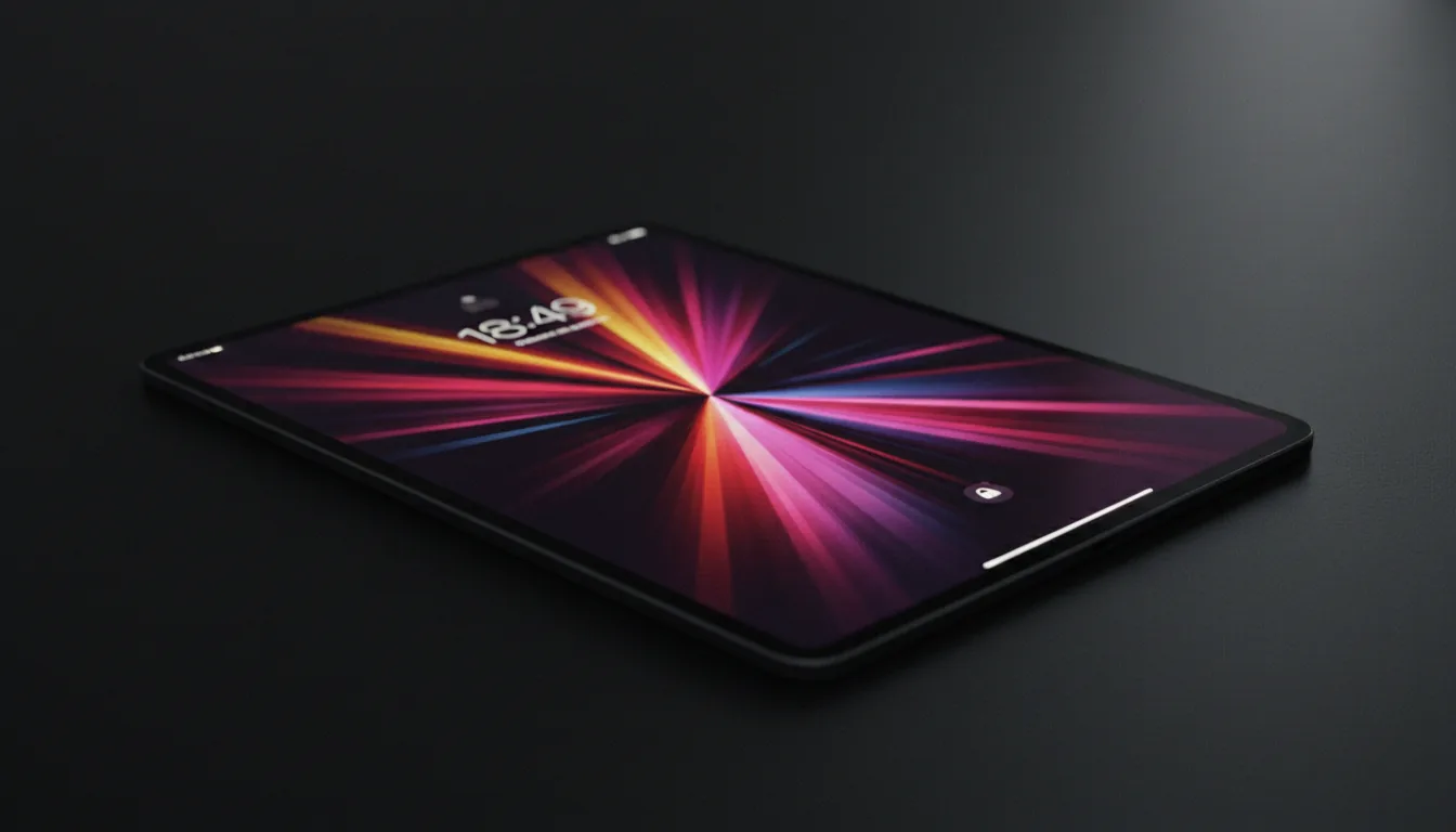 DSLR photography, dramatic close-up shot of the corner of a black Apple iPad Pro, angled on a dark matte surface. The screen is illuminated with a vibrant, abstract wallpaper showing a radial burst of saturated light beams in red, yellow, magenta, and blue. Cinematic contrast with deep shadows, the glowing screen is the main light source. Shallow depth of field, with the screen and its faint, abstracted lock screen UI elements in sharp focus, and a dark, blurred background. Subtle film grain.