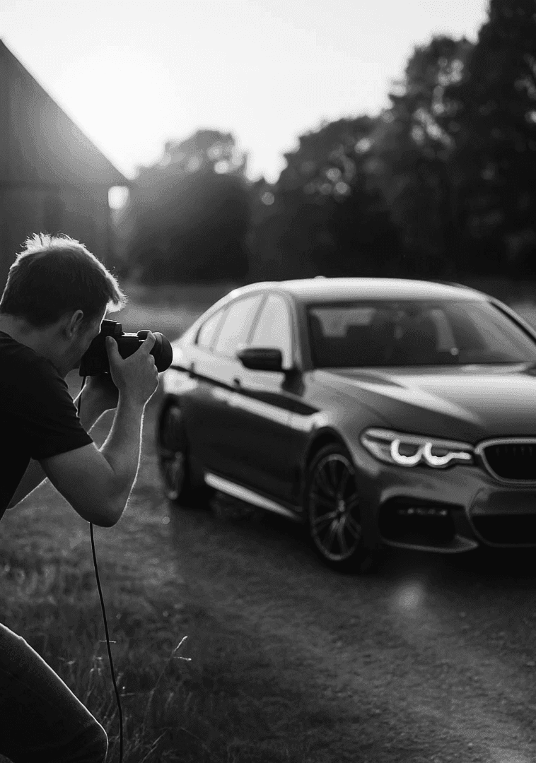 Svartvit bild på en BMW i solnedgång