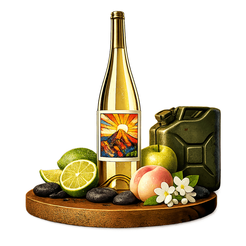 Artistic label and flavor profile for Shandong Riesling on a rustic wooden table.