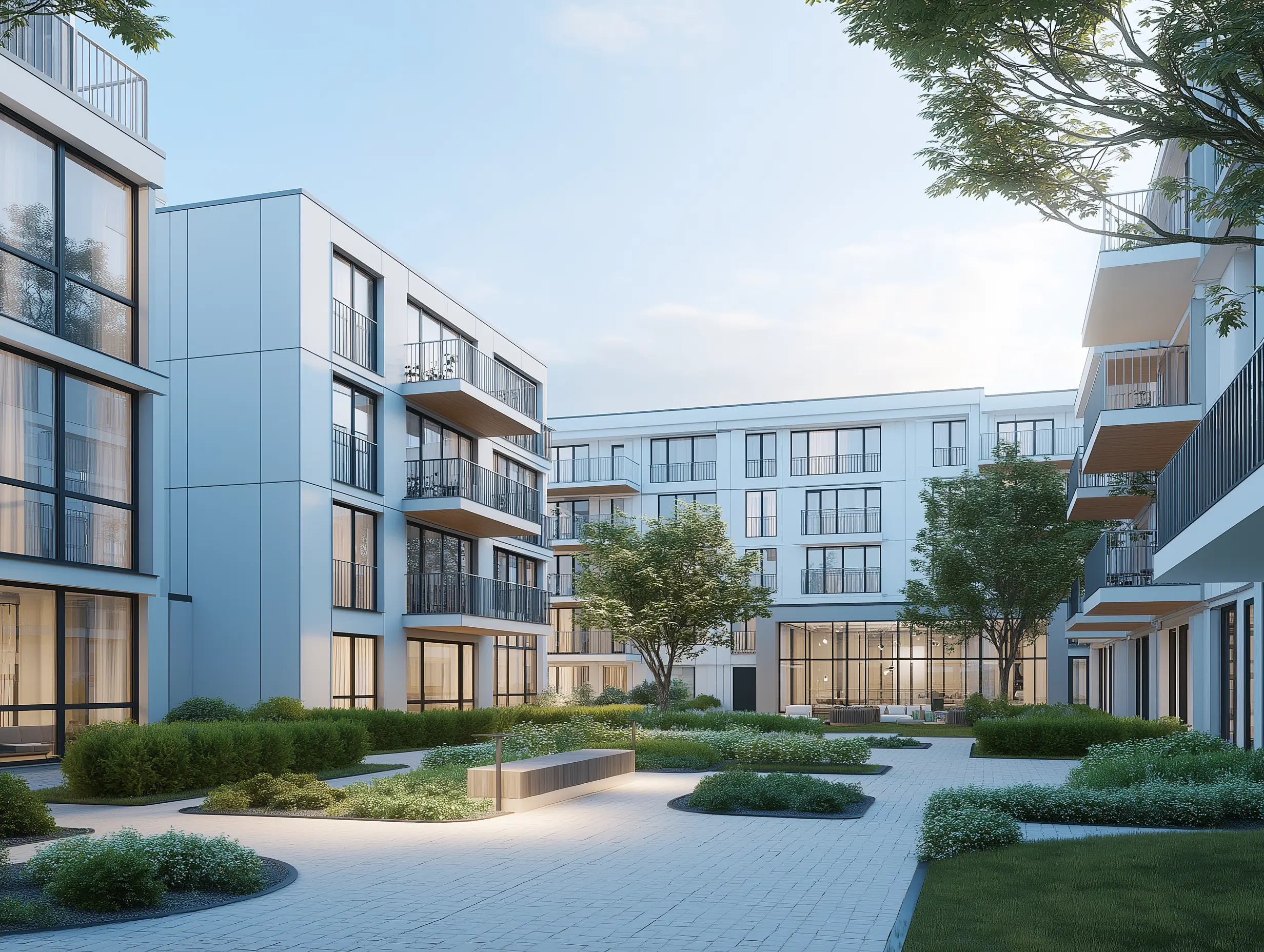 A modern apartment complex with a clean white facade and balconies, surrounding a landscaped courtyard with paved paths, lighting, bushes, and young trees under a clear daytime sky.