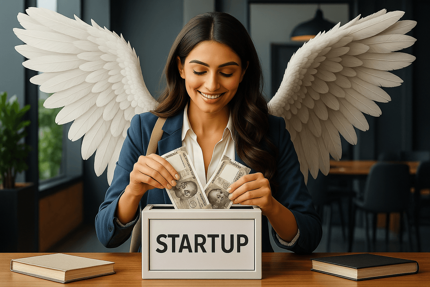 A smiling young woman with long dark hair and angel wings is dressed in a blue blazer and white shirt, placing Indian rupee currency notes into a box labeled "STARTUP" on a desk. The background features a modern office setting with large windows and indoor plants.