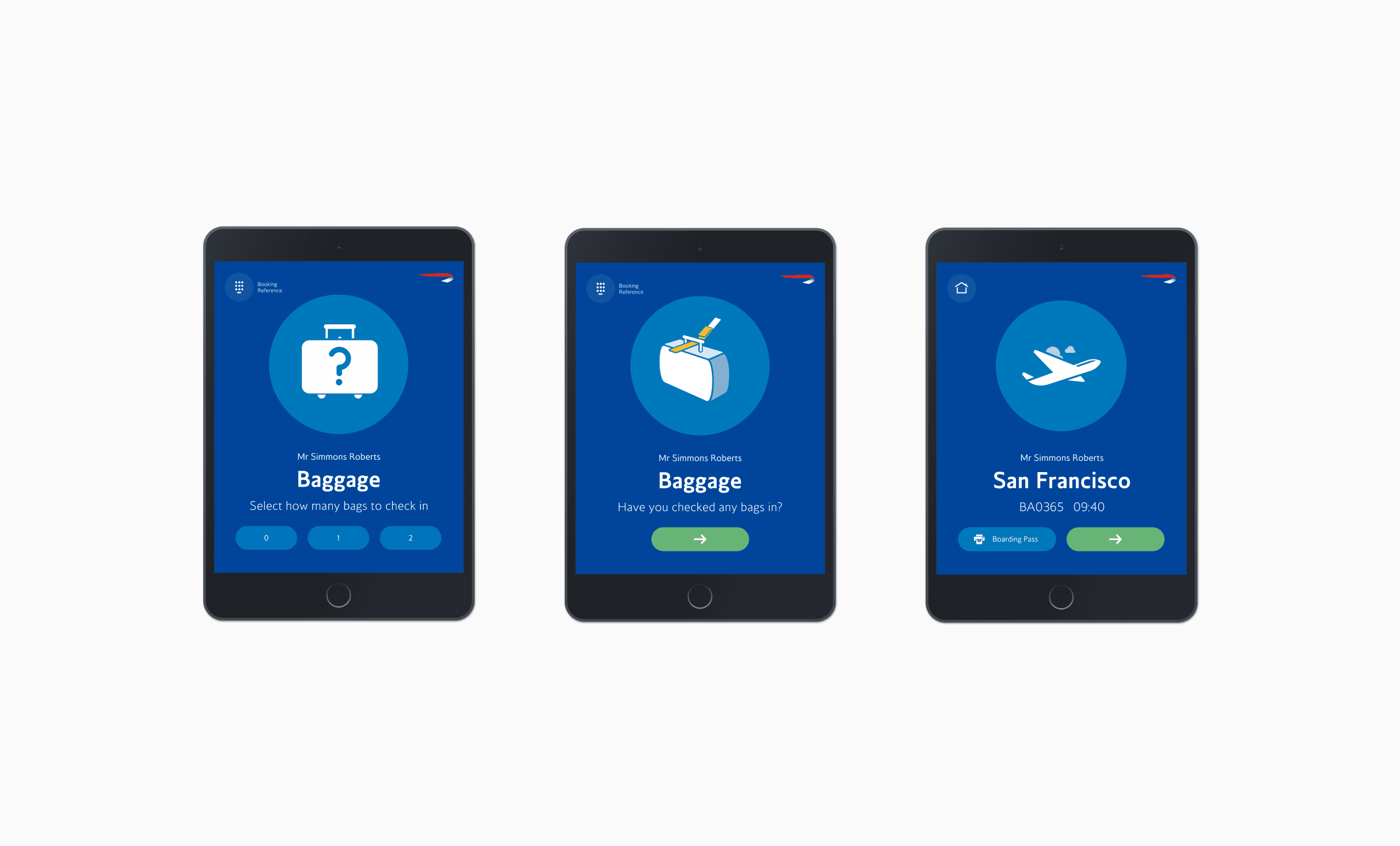 British Airways a series of three iPad screens with UI of the kiosk solution