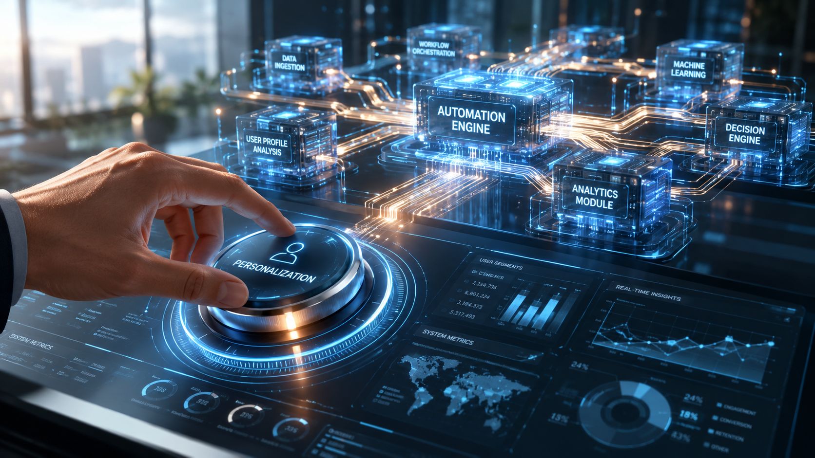 A hand interacting with a futuristic dashboard featuring an automation engine and real-time marketing data visualizations.